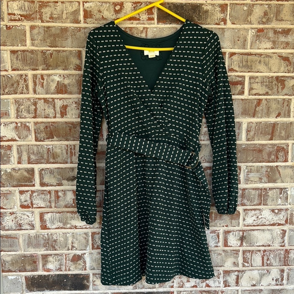 Anthropologie‎ Maeve Dark Green Patterned Long Sleeve Belted Dress